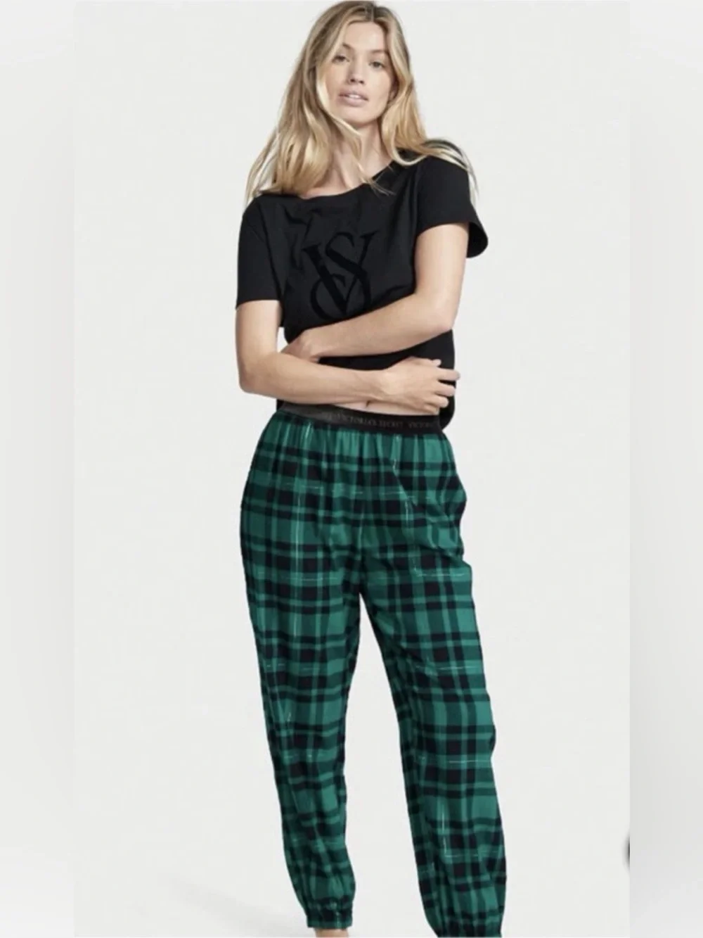 Victoria’s Secret Teal Black Tartan PJ Joggers Elastic-Waist Size XL